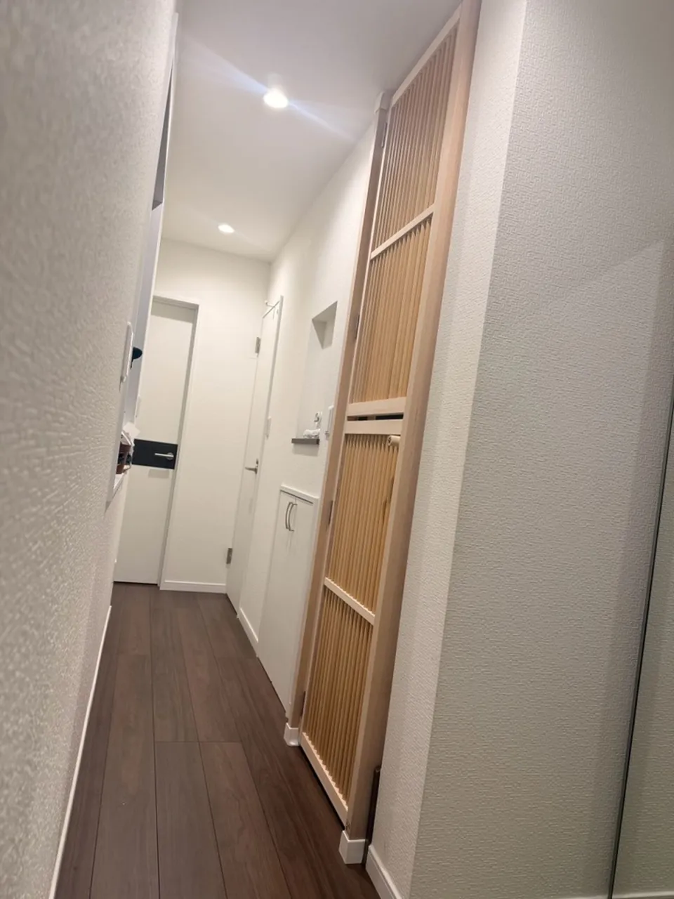 階段下の開口に設置された背の高い木製扉